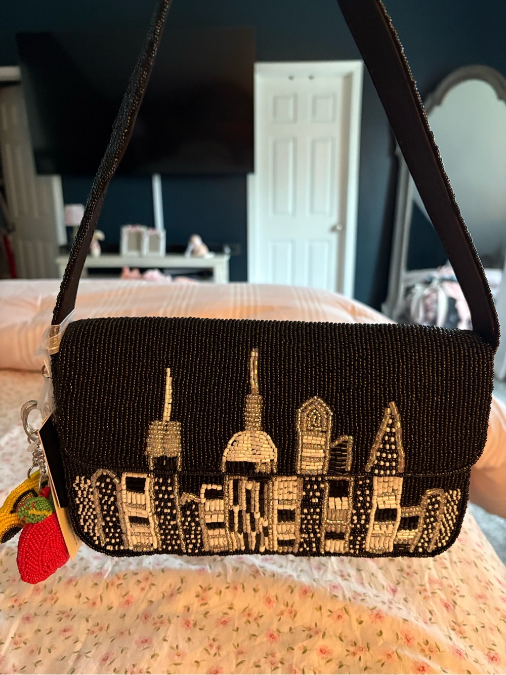 Beaded Black Cityscape Shoulder Bag